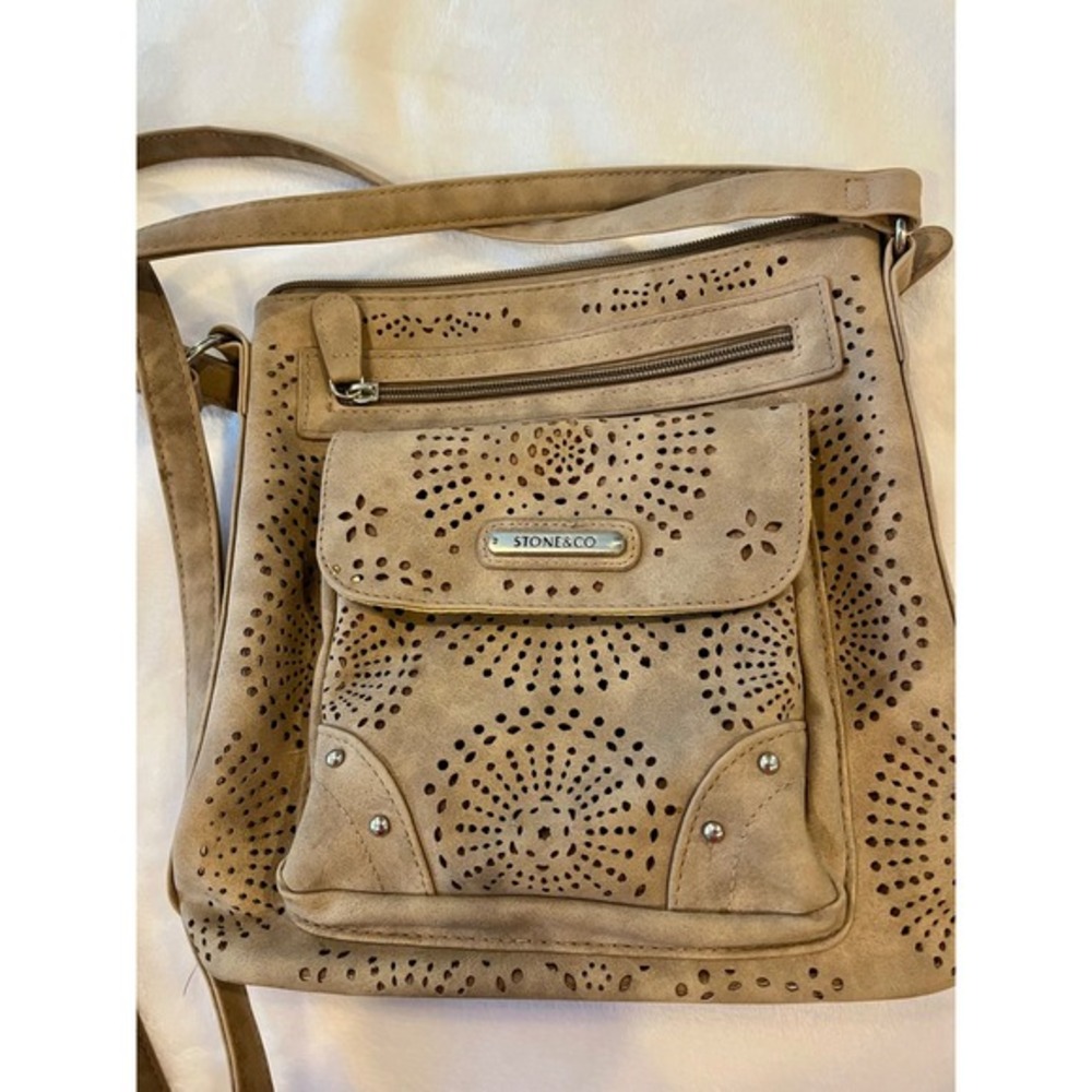 Stone & Co Beige Laser Cut Crossbody Bag Purse with Pockets
